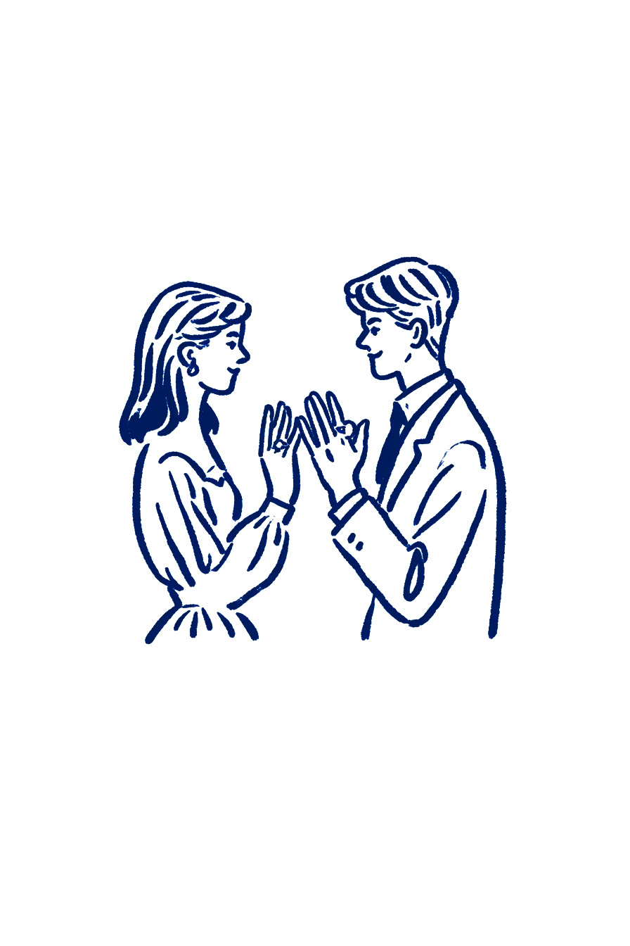 指輪を見せ合う男女の線画イラスト